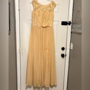 Elegant Lan Ting Bride Gold Lace Formal Gown With Slit Front Falls Beautifully